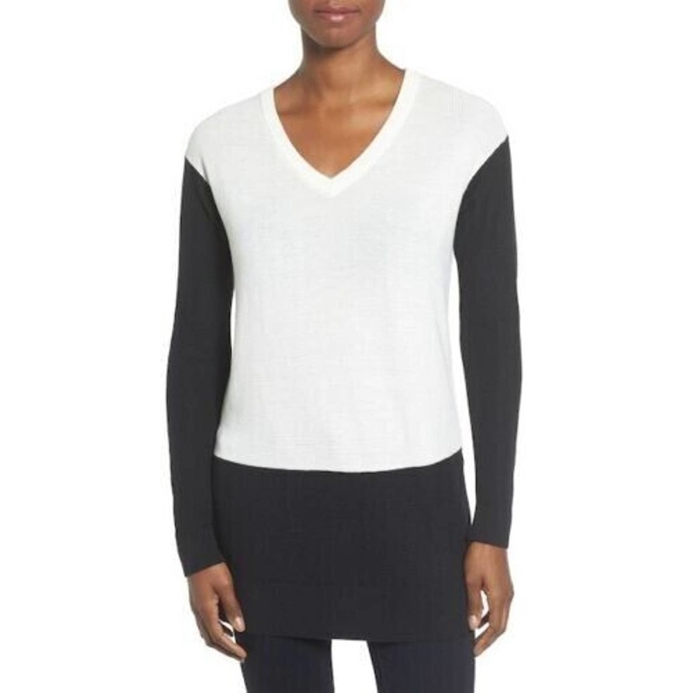 Vince Camuto Colorblock Waffle Stitch V Neck Sweater Ivory/Black Womens Small